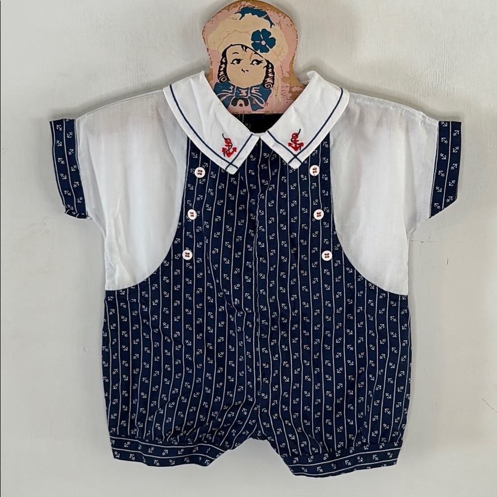 Vintage Tiny Tots navy white anchor print sailor nautical outfit Size 3-6 months